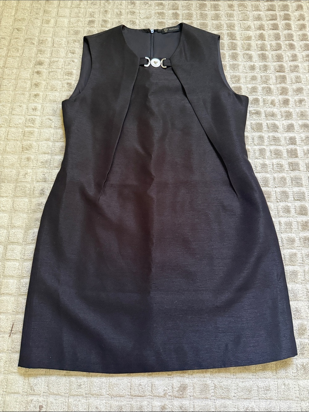 Versace ‘95 Medusa Black Sleeveless Mini Dress with Gold Accent Wool Silk Blend - Picture 5 of 12